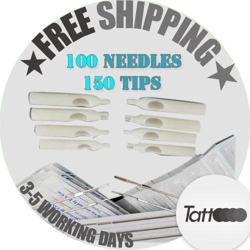 100pcs Disposable Sterile Tattoo Needle Assorted Mixed Size 150 Tattoo Tips Tattoo Supplies WSZ-1-1*2+WT008-2-5FT+WT008-2-5RT+WT008-2-5DT