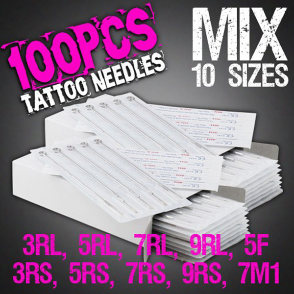 New 100pcs Disposable Tattoo Needles Mix Needles 10 Size   7RL 9RL 3RS 5RS 7RS 9RS 5F 7M1 For Tattoo Machine Free Shipping