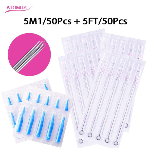 ATOMUS (5M1+5FT) 50 PCS Disposable Sterile Tattoo Needle+50PCS Blue Disposable Tattoo tips needle product for tattoo accessories