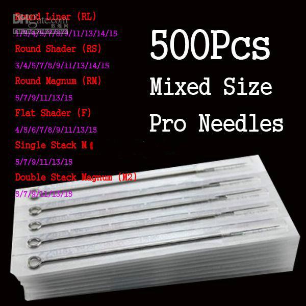 Wholesale 500Pcs/lot Assorted Tattoo Needles Disposable Sterile s Mixed Size For Tattoo Ink Cups Tip Kits Best Price free shipping