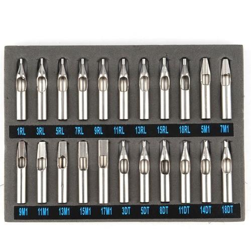 22pcs Stainless Steel Round Tattoo Nozzles Tips Needles Grip Machine Set