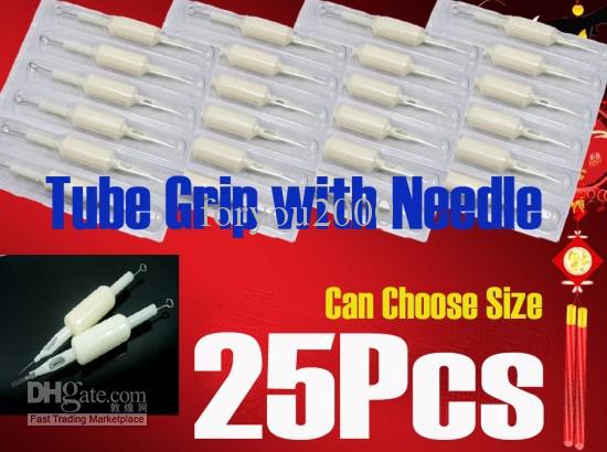 Tattoo 25 Suited Tube Grips & 25 Sterilized Needles Assorted Mix Size for Tattoo Kits Supply Pro