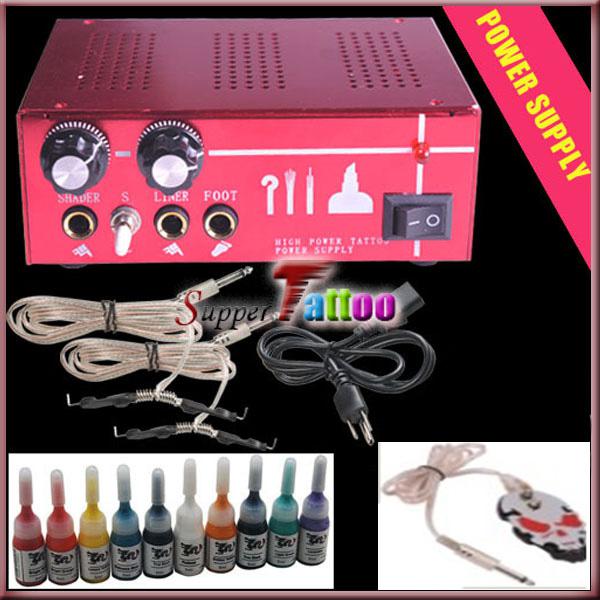 Tattoo Power Supply kit with Foot Pedal / Clipcord and Colored Ink Set