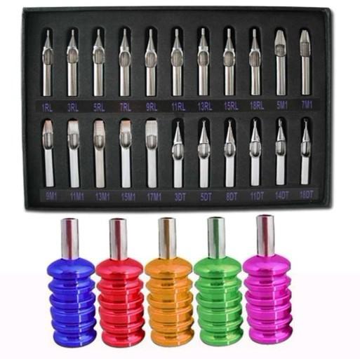 Set Of 22 pcs Steel Tips+5 Aluminum Grip With Tubes Tattoo Supply