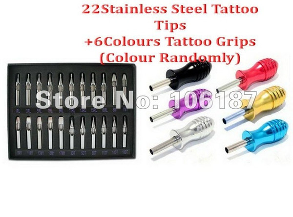 Wholesale-22 Pcs R,D,F Stainless Steel Tattoo Tips Kit Grip -Closed Tip+6Pcs Assorted Colour Tattoo Aluminium Alloy Grips