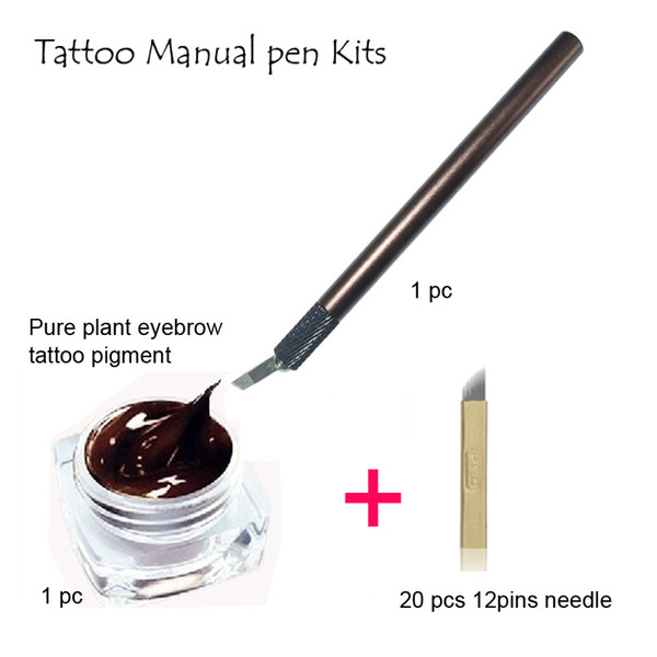 Eyebrow Permanent Makeup Kit 3D Eyebrow Manual Makeup Pen & 12 Pin Flade Needles Black Coffee Tattoo Paste