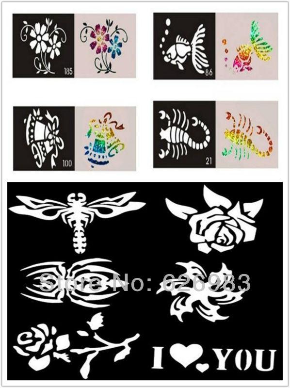 Wholesale-200pcs/lot Mixed Designs Tattoo Stencils for Body Art Painting - Temporary Glitter Tattoo Kit - Free shipping