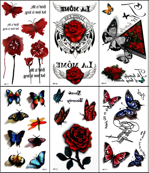 100pcs Temporary Tattoo Sticker Colorful Butterfly Rose 3D Tattoo Tatuagem Totem for Women Skin Beauty Body Art 16 Models for Choose