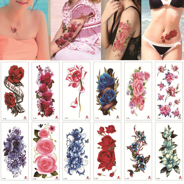 Beautiful Blooming Peony Rose Lotus Small Flower Decal Tattoo Blue Enchantress Pink Temporary Body Tattoo Sticker for Woman Arm Leg Chest 3D