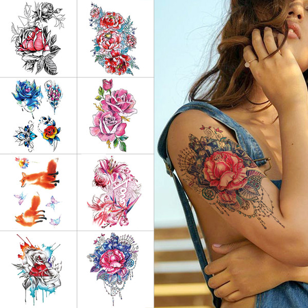 Temporary tattoos Flower color waterproof sticker tattoos Peony roses Fox flamingo Arm thigh body tattoo for men and women