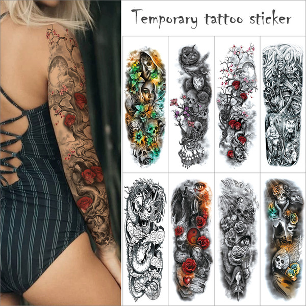 Full Arm Flower Tattoos Sticker Eye Dragon Car Tiger Temporary Tattoo Sticker Body Painting Water Transfer Sleeve Tattoo Fake