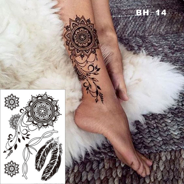 #BH-14 Pretty Black Elegant Henna Temporary Tattoo for Foot with Feather Bracelet Pattern Inspired Sticker