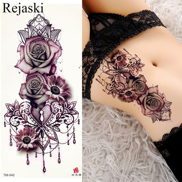 Purple Rose Jewelry Water Transfer Tattoo Stickers Women Body Chest Art Temporary Tattoo Girl Waist Bracelet Flash Tattoos Flower