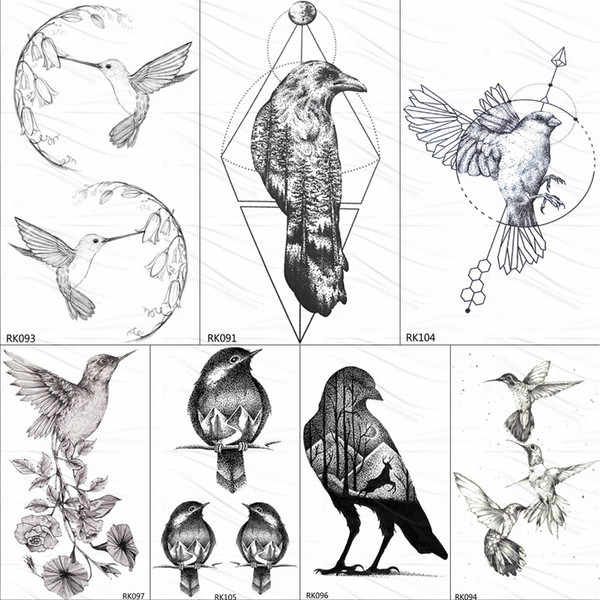 Geometric Hummingbird Temporary Circle Round Tattoo Sticker Leaf Pigeon Arrow Tattoo Body Art Black Fake Birds Tatoo Paper 100PC