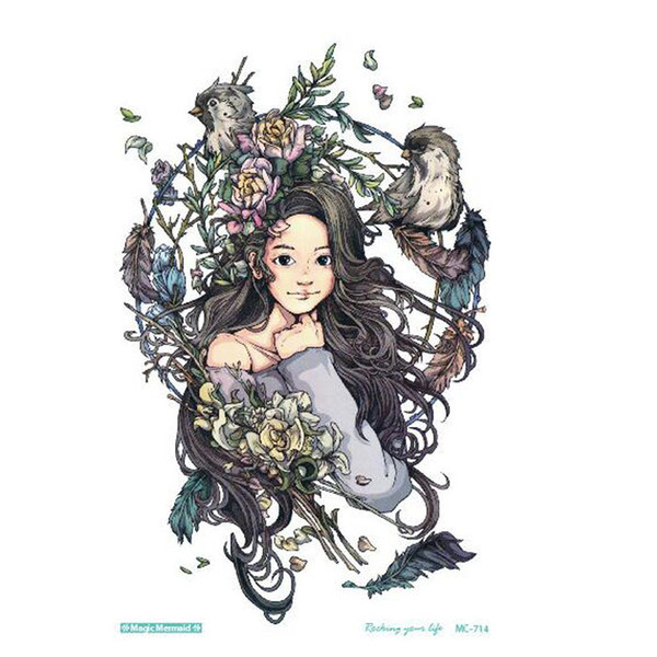 Large Tattoo Sticker Body Art Birds Girl Flowers Temporary Tattoo Terrorist Stickers Flash Taty Tattoo 19X12cm