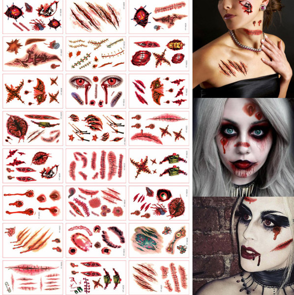 24 sheet/set 2018 Temporary Tattoo Sticker Halloween Terror Wound Realistic Blood Injury Scar Tattoo Sticker