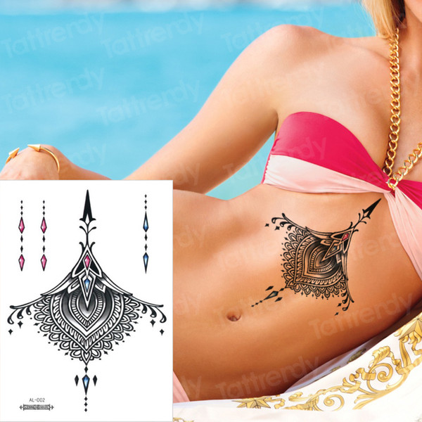 Women Jewelry Sternum Temporary Tattoo Breast Body Back Mandala Mehndi Henna Tattoo Sticker Choker Pendant Under Breast Tatoo