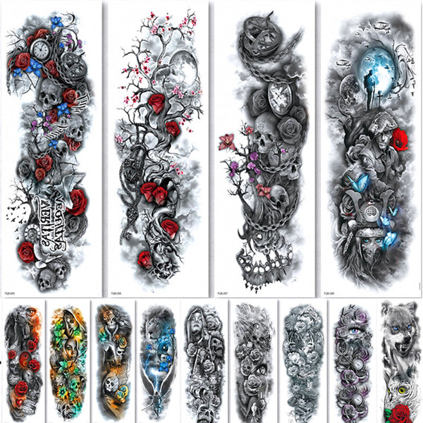 48x17cm Full sleeves Temporary Tattoos Waterproof Arm Tattoo Sticker Fake Flower Skull Men Tattoo For Body Art Supplies