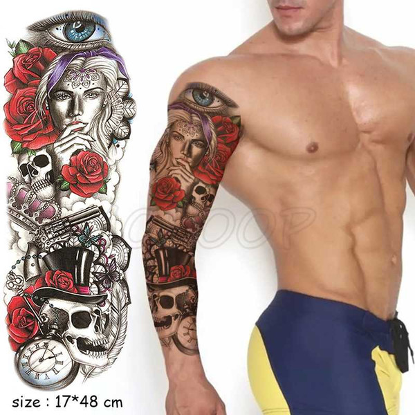 Full Arm Waterproof Temporary Tattoo Sticker Eye Crown Skull Clown Rose Gun Roma Clock Girl Fake Tatoo Flash Tatto To Man Woman