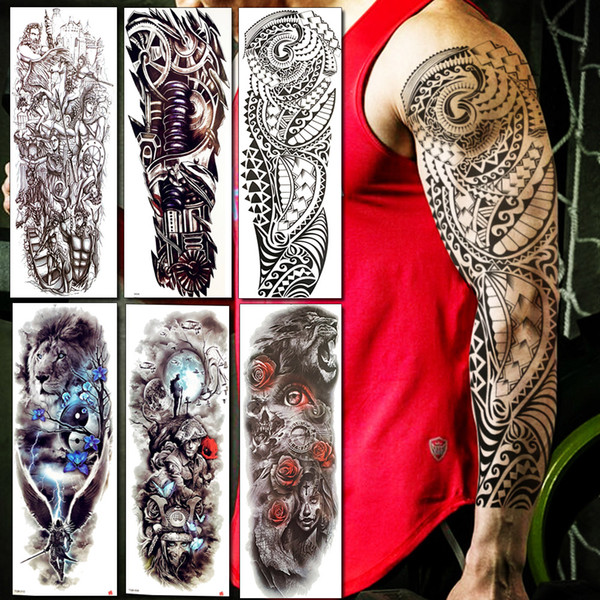 BAOFULI Full Arm Men Women Temporary Tattoo Sticker Black Long Maori Totem Fake Tattoos Body Art Waterproof Tatoo Sticker Makeup