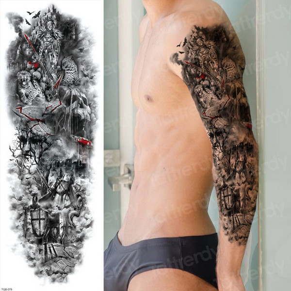 Temporary full-arm tattoo sticker skull flower dragon eye lion animal warrior arm Waterproof fake tattoo 480*170mm for Men Women