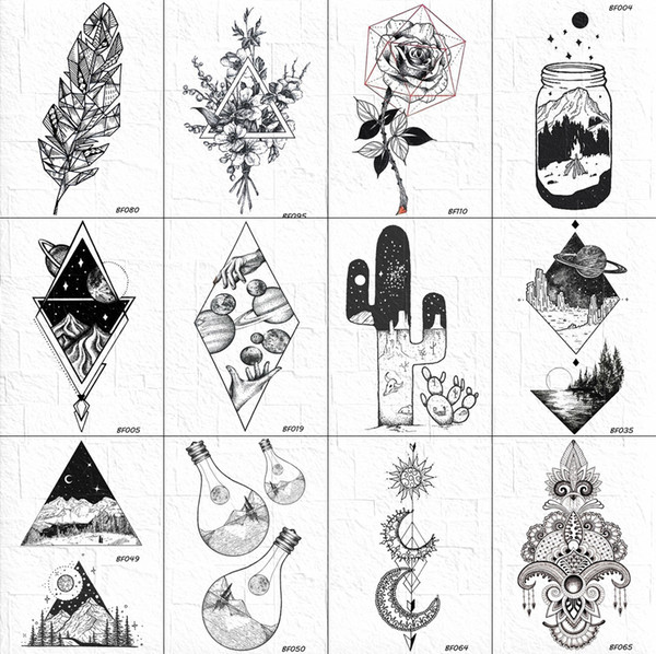 VANKIRS Geometric Cactus Temporary Tattoo Stickers Women Black Geometric Universe Tatoos Fake Men Body Arm Art Tattoo Paste