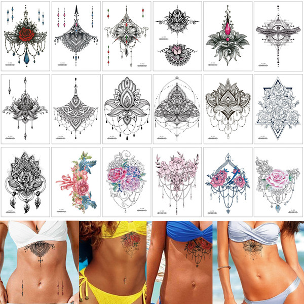 15*21cm AL Woman Chest Temporary Jewelry Tattoo Design Necklace Henna Flower Pendant Decal Waist Skeleton Body Art Waterproof Tattoo Sticker