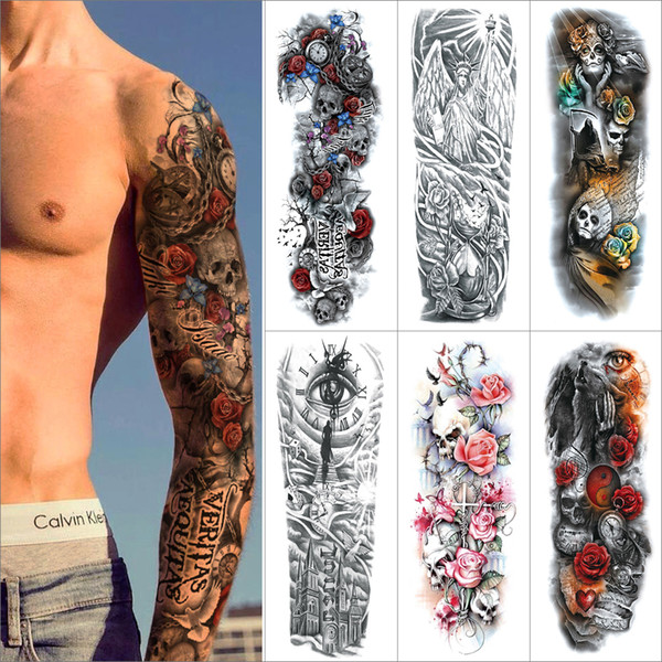 Full arm temporary tattoo sticker Colorful Sticker Sleeve Fake Tattoo Flash Flower tiger skull dragon Waterproof