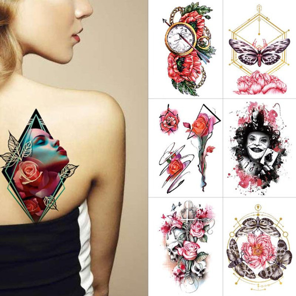 Watercolor temporary tattoo stickers Red rose flower butterfly Waterproof tattoo suicide squad joker Body art