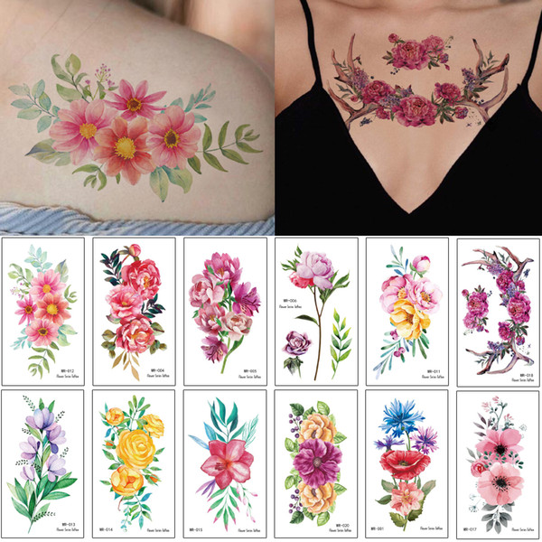 Beautiful Blooming Peony Rose Flower Tattoo Sticker Watercolored Drawing Temporary Waterproof Fashion Body Makeup Tattoo Arms Transfer Paper