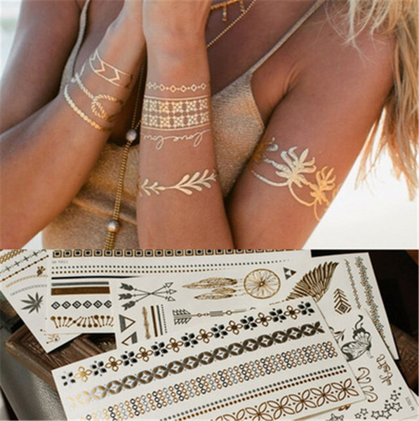 Hot Sale Temporary Metallic Tattoo Sheet Golden Silver Body Art Tattoo Sticker Non-toxic Safety Easy Clean Remove