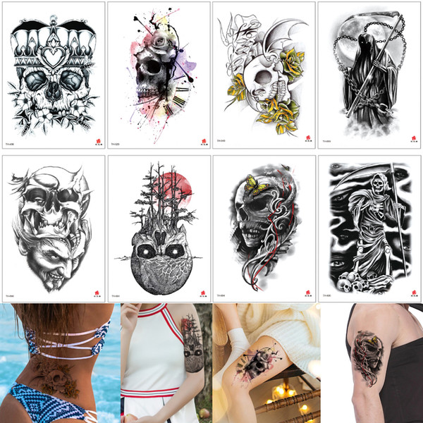 Fake Black Punk Skull Tattoo Skeleton Death Sickle Bone Sticker Designs Waterproof Temporary Tattoo Body Art for Woman Man Cool 2019 Gift 3D