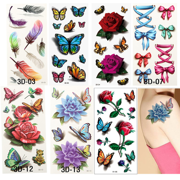 Wholesale- 7PCS=7Styles Women's 3D Colorful Waterproof Body Art Tatoo Sleeve DIY Stickers Temporary Tattoos Rose Flower Tatouage