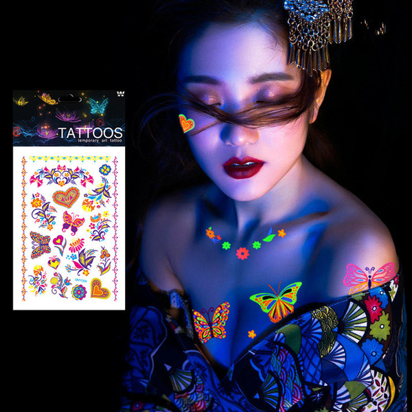 1 Sheet Luminous Temporary Tattoos Stickers Glow Dark Fluorescent Waterproof Butterfly Tattoo for Face Body Art Halloween Party