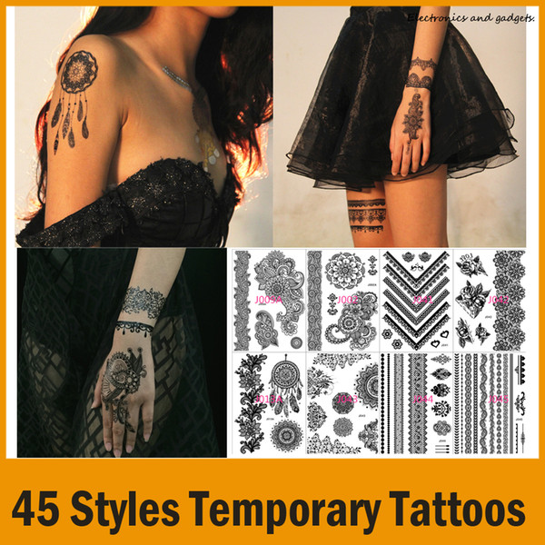 2015 New Lace Bridal Tattoo Stickers Black Lace Wedding Fashion Tattoo Sticker Temporary Tattoo Stickers 45 Styles