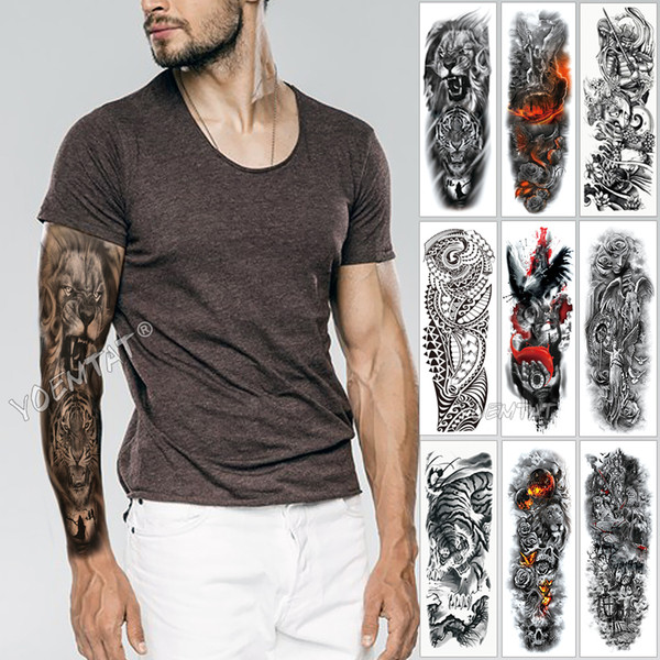 Large Arm Sleeve Tattoo Sketch Lion Tiger Waterproof Temporary Tattoo Sticker Wild Fierce Animal Men Full Bird Totem Tattoo