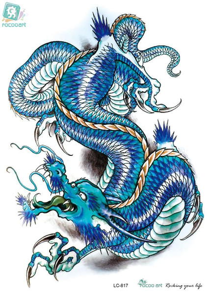 Rocooart LC2817 21*15cm 3D Large Big Tatoo Sticker Sketch Blue Chinese Dragon Painting Cool Temporary Tattoo Stickers New