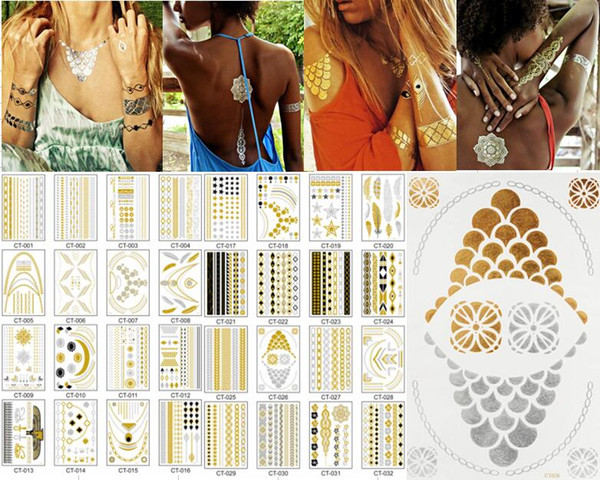 32 hot Sheet Temporary Metallic Tattoo Gold Silver Black Flash Temporary Tattoos Trendy Body Art Tattoo Sticker