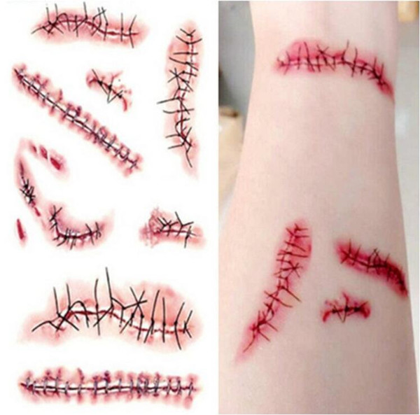 New 2018 Waterproof Temporary Tattoo Sticker Halloween Terror Wound Realistic Blood Injury Scar Fake Tattoo Sticker