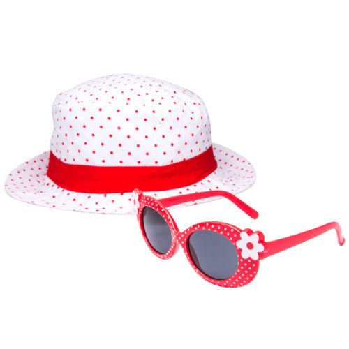 Kids Red Sunglasses UV400 Girl Sun White Hat Children Beach Cap outdoor Kit Set