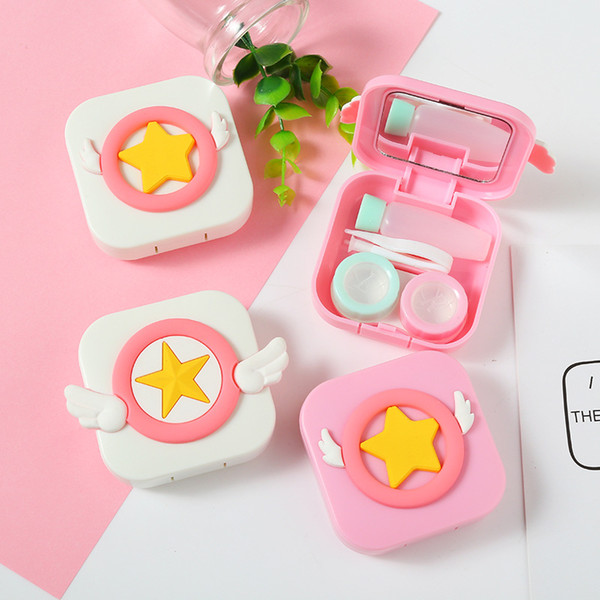 Free Shipping New Cute Cartoon Contact Lens Storage Box Pink Eyeglass Travel case With Mirror and Accessories