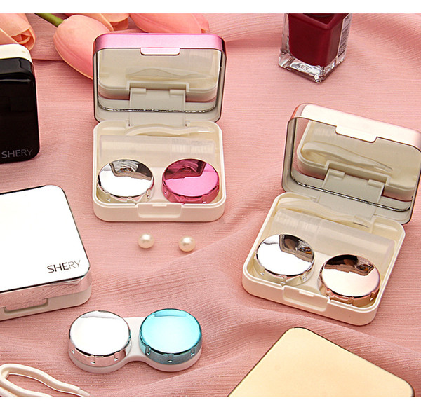 Square Contact Lens Box Reflective Cover Case With Mirror Color Contact Lenses Case Container Cute Lovely Travel Kit Box Women