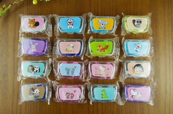 100PCS Mini cute color plastic Contact Lenses case boxes travel kit set Contact lens holder storage with Small Mirror