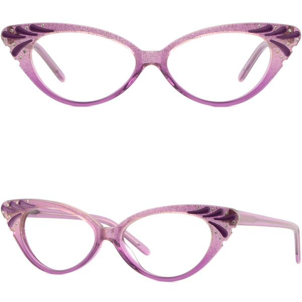 Acetate Full-Rim Frame with Spring Hinges Women's cat-eye Glasses Purple Crystal