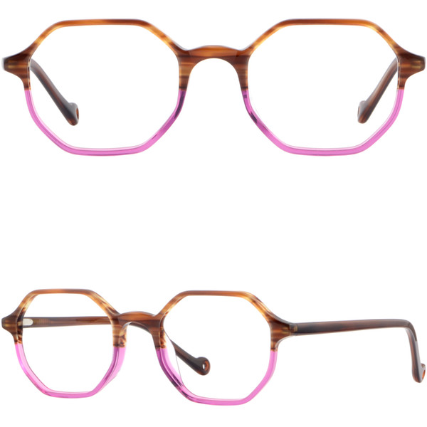 Brown Pink Geometric Glasses Acetate Women's Prescription Glasses Hexagon Frames