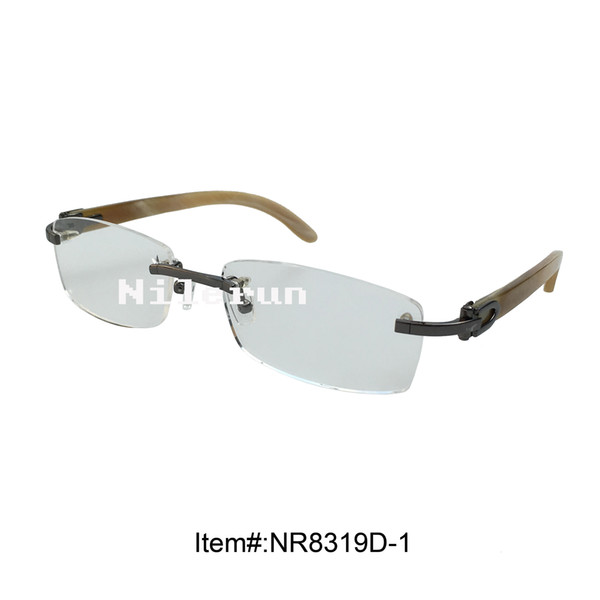 luxury hot selling rectangle rimless optical reading glasses with metal bridge and horn temples