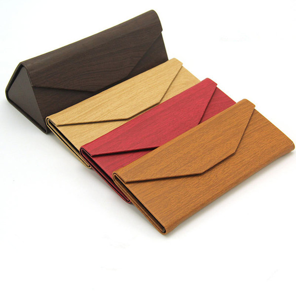 New Wood Glasses Case Folding Triangle Lightweight Portable Sun Glasses Case Wooden Pu Leather Sunglasses Box 10Pcs/lot Free Shipping