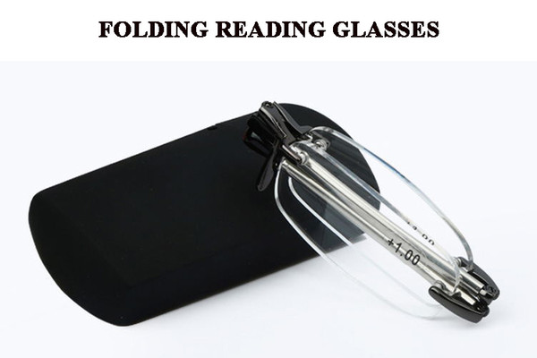 Man womens fold rimless travel business mini power tube read glasses magnification box with case in strength +1.50 2.00 2.50 3.00 3.50 4.00