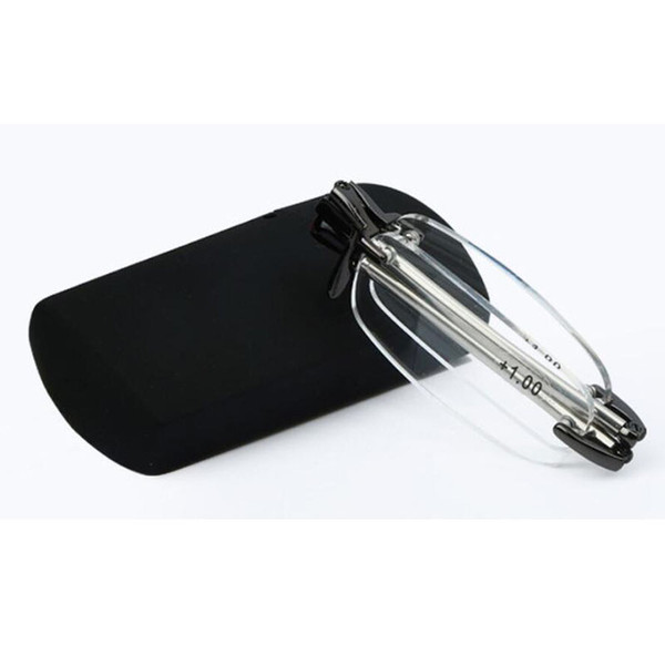 Folding Rimless Reading Glasses Portable Foldable Eyeglasses Case Pocket Women Men Eyewear Black Frameless Eye Reader +1.0~+4.0 Strength