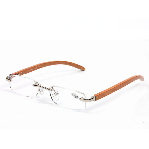 Fashion Bamboo Legs Rimless Reading Glasses Frameless Eyeglasses Silver Women Men Eyewear Eye Reader Wooden Temple +1.0~+3.5 Strength